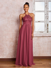 Maxi Robe en Mousseline Sans Manches avec Haut en Dentelle à Col Licou Cannelle Rose