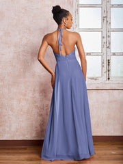 Maxi Robe en Mousseline Sans Manches avec Haut en Dentelle à Col Licou Pervenche