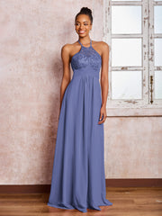 Maxi Robe en Mousseline Sans Manches avec Haut en Dentelle à Col Licou Pervenche