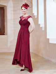 Robe en Mousseline à Encolure Illusion avec Dentelle Bordeaux