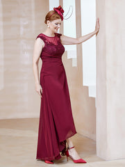 Robe en Mousseline à Encolure Illusion avec Dentelle Bordeaux