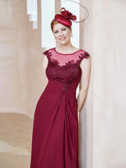 Robe en Mousseline à Encolure Illusion avec Dentelle Bordeaux