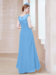 Robe en Mousseline à Encolure Illusion avec Dentelle Bleu