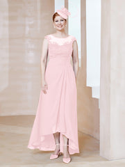 Robe en Mousseline à Encolure Illusion avec Dentelle Rose Pâle