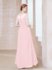 Robe en Mousseline à Encolure Illusion avec Dentelle Rose Pâle