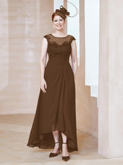 Robe en Mousseline à Encolure Illusion avec Dentelle Brun