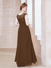 Robe en Mousseline à Encolure Illusion avec Dentelle Brun Grande Taille