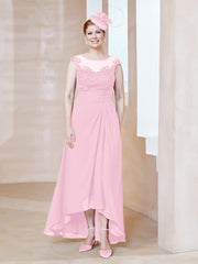 Robe en Mousseline à Encolure Illusion avec Dentelle Rose Bonbon Grande Taille