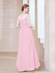 Robe en Mousseline à Encolure Illusion avec Dentelle Rose Bonbon Grande Taille