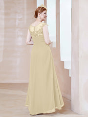 Robe en Mousseline à Encolure Illusion avec Dentelle Champagne