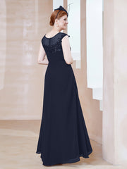 Robe en Mousseline à Encolure Illusion avec Dentelle Bleu Marine