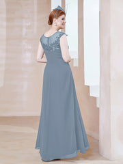 Robe en Mousseline à Encolure Illusion avec Dentelle Bleu Poudré Grande Taille