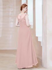Robe en Mousseline à Encolure Illusion avec Dentelle Rose Poudré Grande Taille