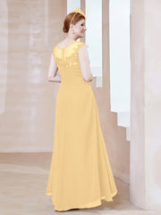 Robe en Mousseline à Encolure Illusion avec Dentelle Or