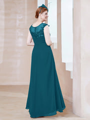 Robe en Mousseline à Encolure Illusion avec Dentelle Bleu Encre Grande Taille