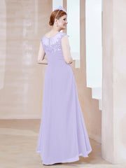 Robe en Mousseline à Encolure Illusion avec Dentelle Lilas Grande Taille
