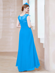 Robe en Mousseline à Encolure Illusion avec Dentelle Bleu Océan