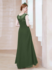 Robe en Mousseline à Encolure Illusion avec Dentelle Olive Verte Grande Taille