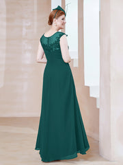 Robe en Mousseline à Encolure Illusion avec Dentelle Paon