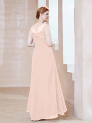 Robe en Mousseline à Encolure Illusion avec Dentelle Rose Perle