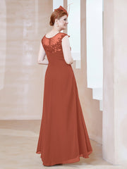 Robe en Mousseline à Encolure Illusion avec Dentelle Rouille