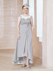Robe en Mousseline à Encolure Illusion avec Dentelle Argent