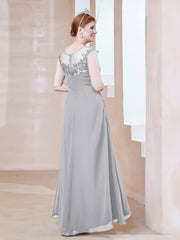 Robe en Mousseline à Encolure Illusion avec Dentelle Argent