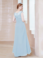Robe en Mousseline à Encolure Illusion avec Dentelle Bleu Ciel Grande Taille