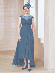 Robe en Mousseline à Encolure Illusion avec Dentelle Bleu de Schiste