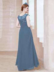 Robe en Mousseline à Encolure Illusion avec Dentelle Bleu de Schiste