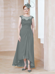 Robe en Mousseline à Encolure Illusion avec Dentelle Gris Acier