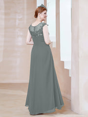 Robe en Mousseline à Encolure Illusion avec Dentelle Gris Acier Grande Taille