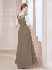 Robe en Mousseline à Encolure Illusion avec Dentelle Taupe Grande Taille