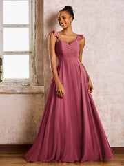 Robe de Demoiselle d'Honneur en Mousseline à Bretelles Froncées Sans Manches Cannelle Rose