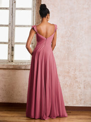 Robe de Demoiselle d'Honneur en Mousseline à Bretelles Froncées Sans Manches Cannelle Rose