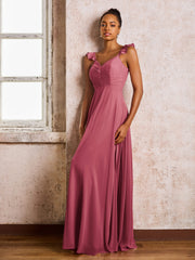 Robe de Demoiselle d'Honneur en Mousseline à Bretelles Froncées Sans Manches Cannelle Rose