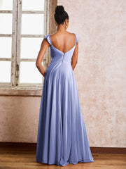 Robe de Demoiselle d'Honneur en Mousseline à Bretelles Froncées Sans Manches Pervenche