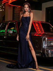 Robe Fourreau en Jersey Perlée à Bretelles Spaghetti Bleu Marine