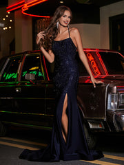 Robe Fourreau en Jersey Perlée à Bretelles Spaghetti Bleu Marine