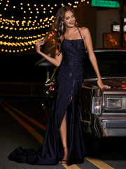 Robe Fourreau en Jersey Perlée à Bretelles Spaghetti Bleu Marine