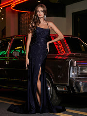 Robe Fourreau en Jersey Perlée à Bretelles Spaghetti Bleu Marine