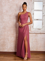 Robe Plissée en Mousseline à Dos Nu et Une Épaule avec Fente Cannelle Rose