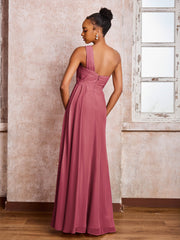 Robe Plissée en Mousseline à Dos Nu et Une Épaule avec Fente Cannelle Rose