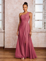 Robe Plissée en Mousseline à Dos Nu et Une Épaule avec Fente Cannelle Rose