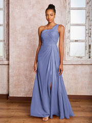 Robe Plissée en Mousseline à Dos Nu et Une Épaule avec Fente Pervenche