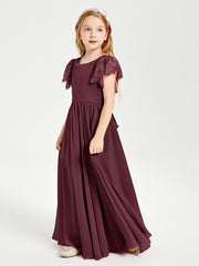 Robes de Demoiselle d'Honneur Junior avec Manches Flottantes en Dentelle Cabernet