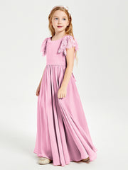 Robes de Demoiselle d'Honneur Junior avec Manches Flottantes en Dentelle Rose Bonbon
