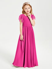 Robes de Demoiselle d'Honneur Junior avec Manches Flottantes en Dentelle Fuchsia