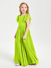 Robes de Demoiselle d'Honneur Junior avec Manches Flottantes en Dentelle Vert Citron