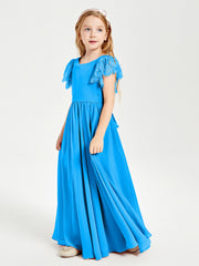 Robes de Demoiselle d'Honneur Junior avec Manches Flottantes en Dentelle Bleu Océan